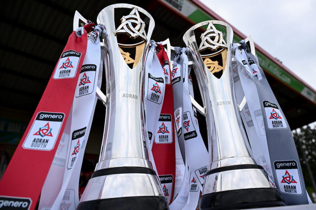 The Adran South and north trophies during the 2023/24 Genero Adran North & South Play Off fixture between Briton Ferry Llansalwel Ladies FC & Llandudno Ladies F.C at Latham Park, Newtown, Wales