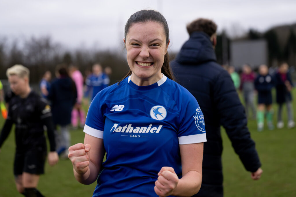 Megan Bowen celebrates after Cardiff City beat Swansea City in the Genero Adran Premier.
