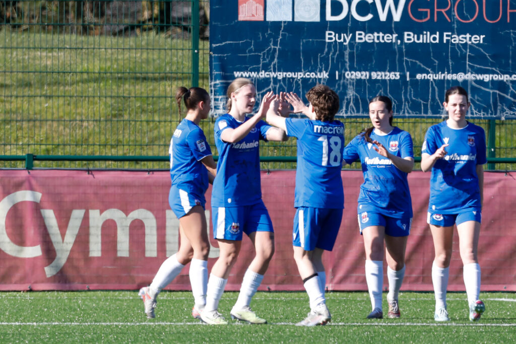 Mollie Jones of Penybont Women FC celebrates after scoring during the 2024/25 Genero Adran South league fixture between Pontypridd United Women & Penybont Women FC at USW Sports Park, Pontypridd, Wales