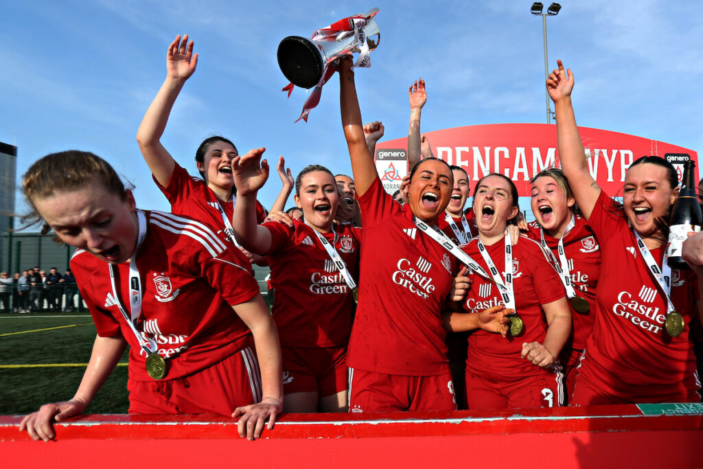 Connah's Quay celebrate winning the Genero Adran North after Connah's Quay Nomads Women vs NFA FC Women in Round 12 of the Genero Adran North at the Quay 3G, Connah's Quay