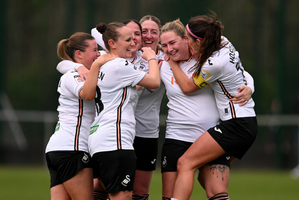 Chloe Chivers of Swansea City Women celebrates scoring her sides second goal in the Genero Adran Premier Plate fixture between Swansea City Women FC and Cardiff Met WFC at Llandarcy Academy of Sport in Swansea, Wales