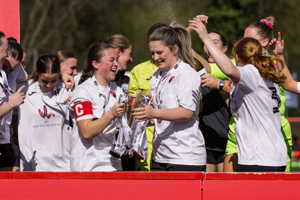 Pontypridd celebrate winning the 2024/2025 Genero Adran South league fixture between Pontypridd United Women F.C & Llanelli Town AFC Ladies at USW Sports Park, Treforest, Wales