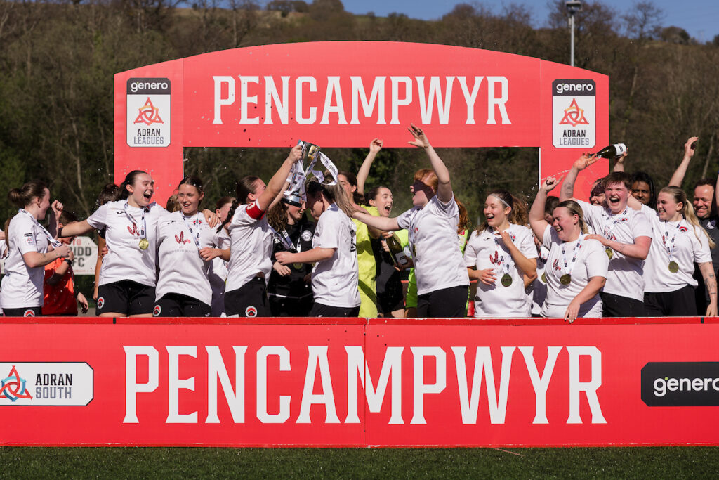 Pontypridd celebrate winning the 2024/2025 Genero Adran South league fixture between Pontypridd United Women F.C & Llanelli Town AFC Ladies at USW Sports Park, Treforest, Wales