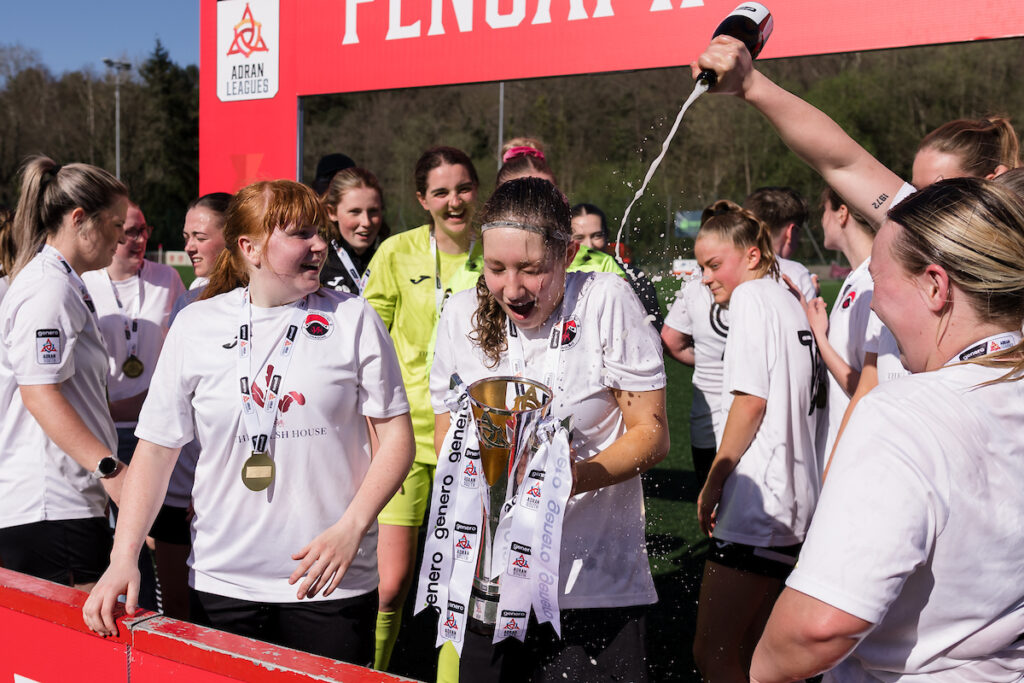 Pontypridd celebrate winning the 2024/2025 Genero Adran South league fixture between Pontypridd United Women F.C & Llanelli Town AFC Ladies at USW Sports Park, Treforest, Wales