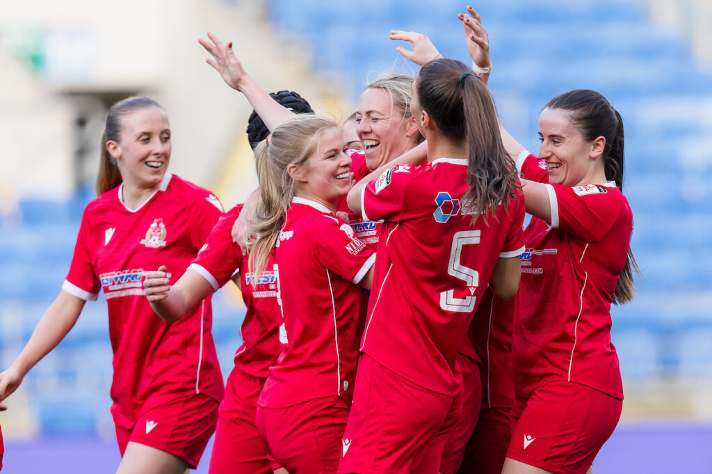 Briton Ferry's Tja Richardson scores and celebrates 2-2 during the 2024/2025 Genero Adran Premier league fixture between Cardiff City Women FC & Briton Ferry Llansawel AFC Ladies at the Cardiff City Stadium, Wales