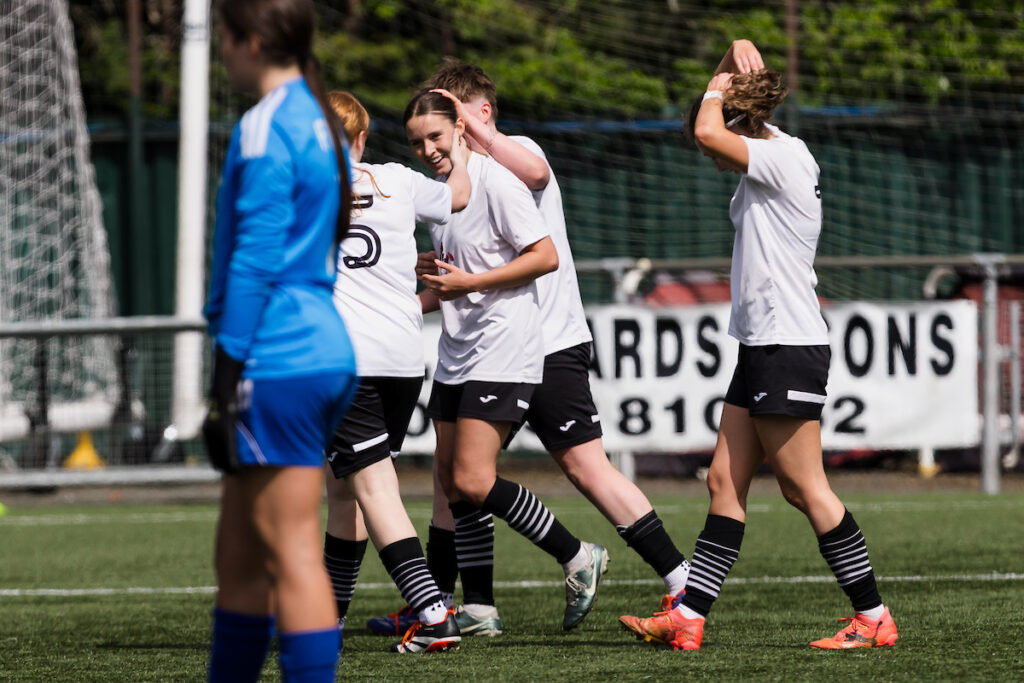 Pontypridd's Quianna Wheeler scores scores 3-2 during the 2024/2025 Genero Adran North & South - Play-Off between Pontypridd United Women v Connahs Quay Nomads Women FC at Latham Park, Newtown, Wales