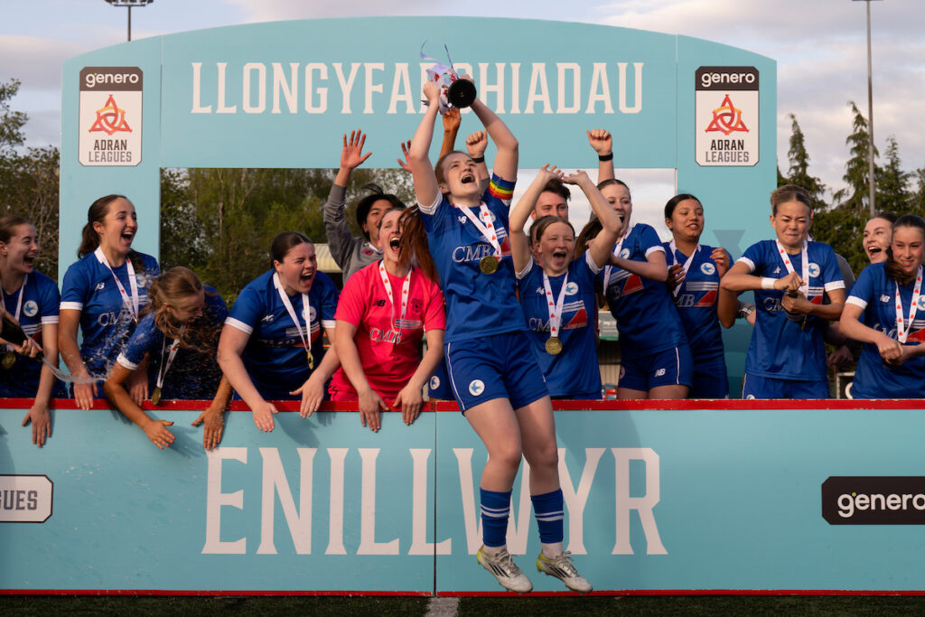 Cardiff City Women FC U19's lift the trophy during the 2024/2025 Genero Adran U19's National Final between Wrexham AFC Women U19s V Cardiff City Women FC U19 at Latham Park, Newtown, Wales