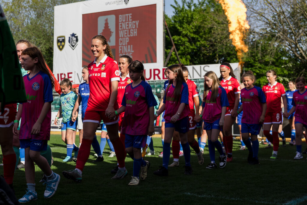 Wrexham's Abbie Iddenden walks out during the Bute Energy Welsh Cup final at Newport County AFC's Rodney Parade