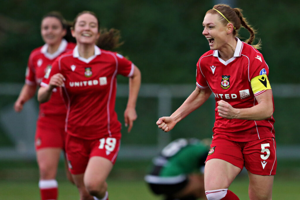 CEFN-MAWR, WREXHAM, WALES - 14th DECEMBER 2025 - Jodie Bartle of Wrexham AFC Women celebrates her goal during Wrexham AFC Women vs Aberystwyth Town Women in Round 2 of the Genero Adran Trophy at The Rock, Cefn-Mawr