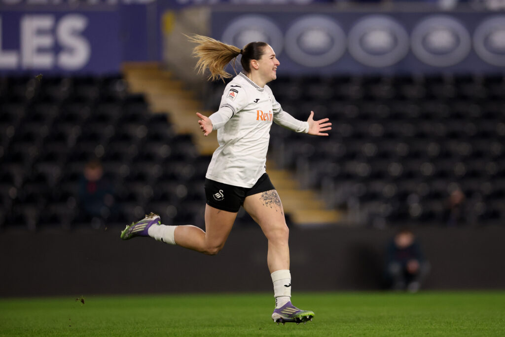 Chloe Chivers of Swansea City Women celebrates scoring her sides first goal during the Adran Premier match between Swansea City Women and Barry Town United Women at the Swansea.com Stadium in Swansea, Wales, UK on the 25th January 2026