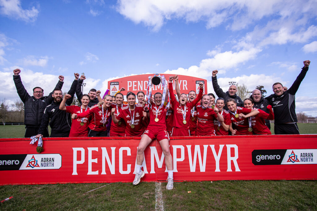 BERRIEW, WALES - 5TH APRIL 2026: Connah’s Quay Nomads players celebrate winning the Genero Adran North following the Genero Adran North fixture between Berriew Ladies and Connah’s Quay Nomads Women at the Recreation Ground, Berriew. 5th of April, Berriew, Wales