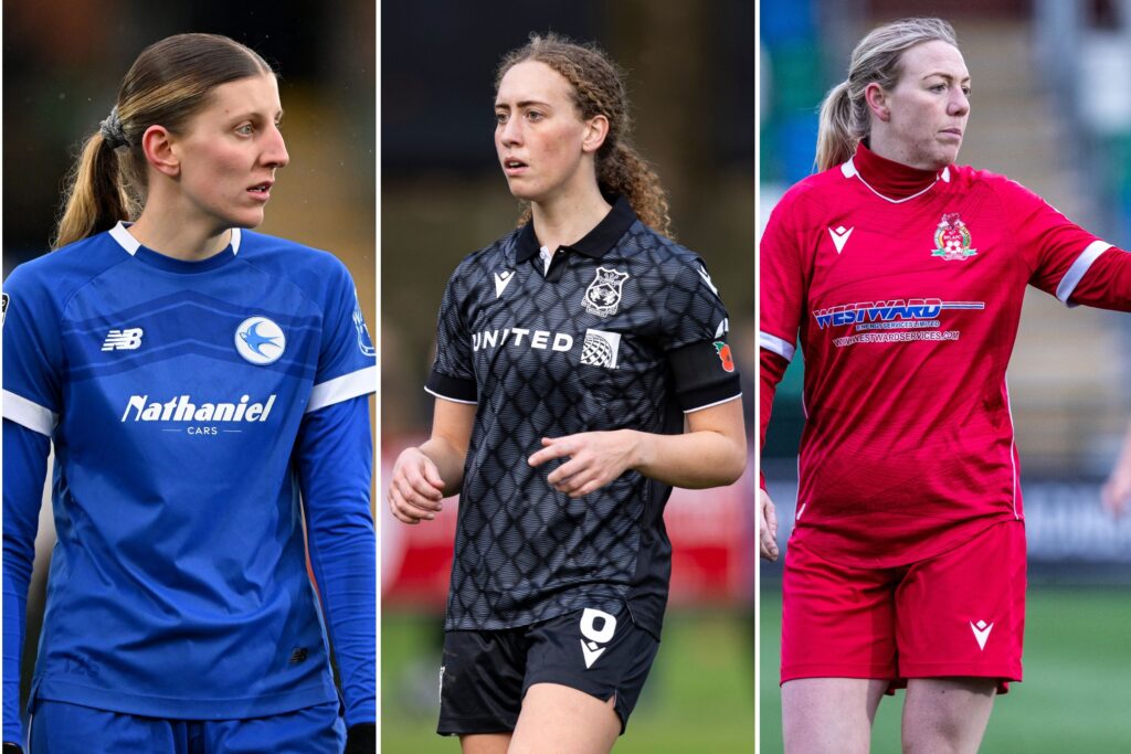 Cardiff City Shannon Evans, Wrexham AFC's Abbie Iddenden and Tija Richardson of Briton Ferry Llansawel