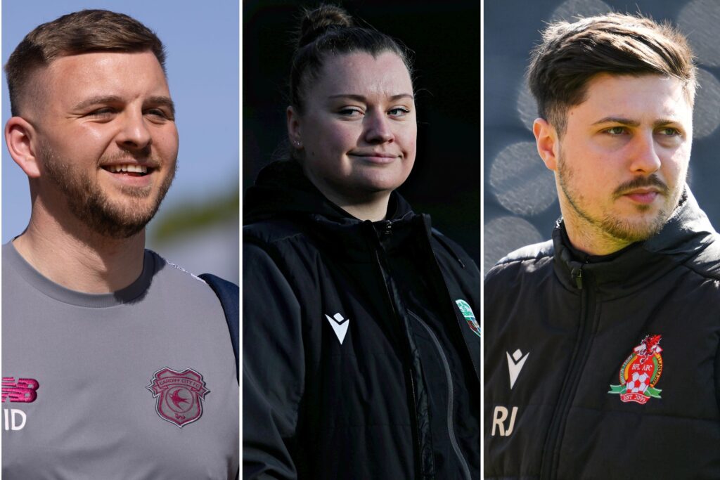 Cardiff City's Iain Darbyshire, TNS' Shauna Duffy and Rhys James of Briton Ferry Llansawel