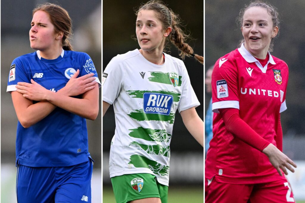 Fiona Barry of Cardiff City, Lexi Jones of The New Saints and Wrexham AFC's Lili Jones 